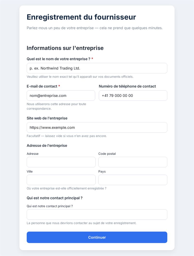 Enregistrement du fournisseur rapide