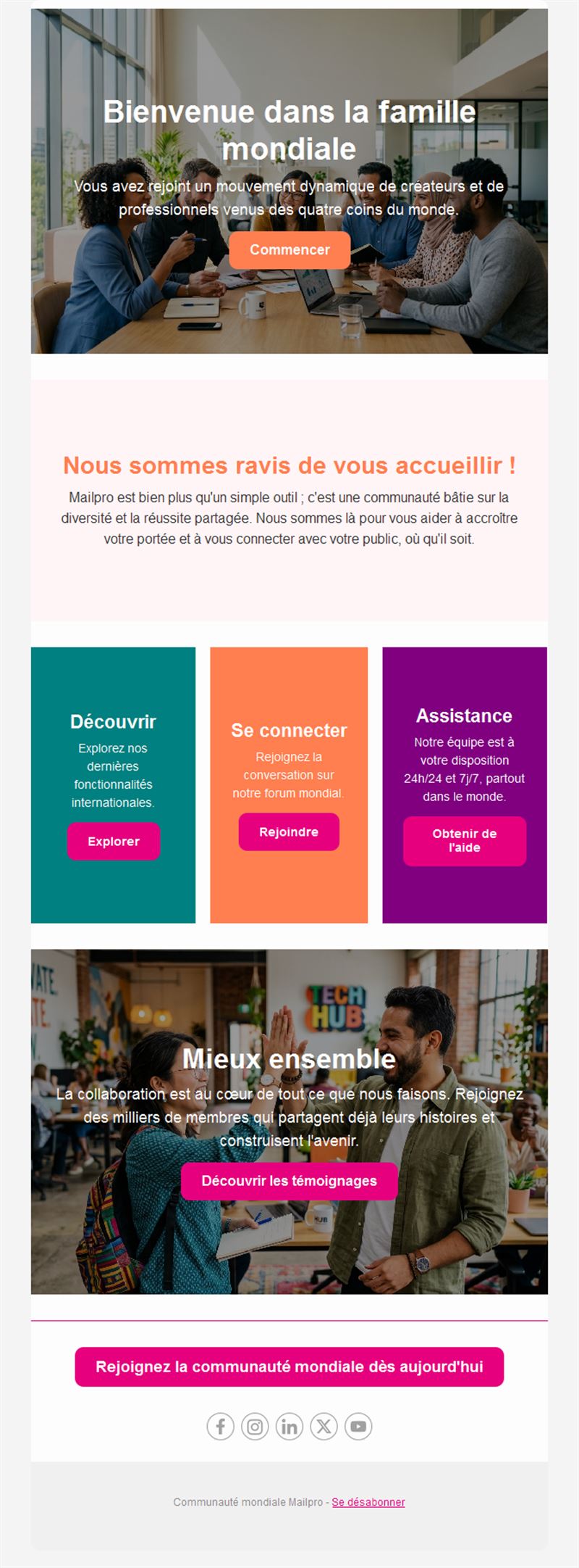 Email de bienvenue dans une communauté mondiale
