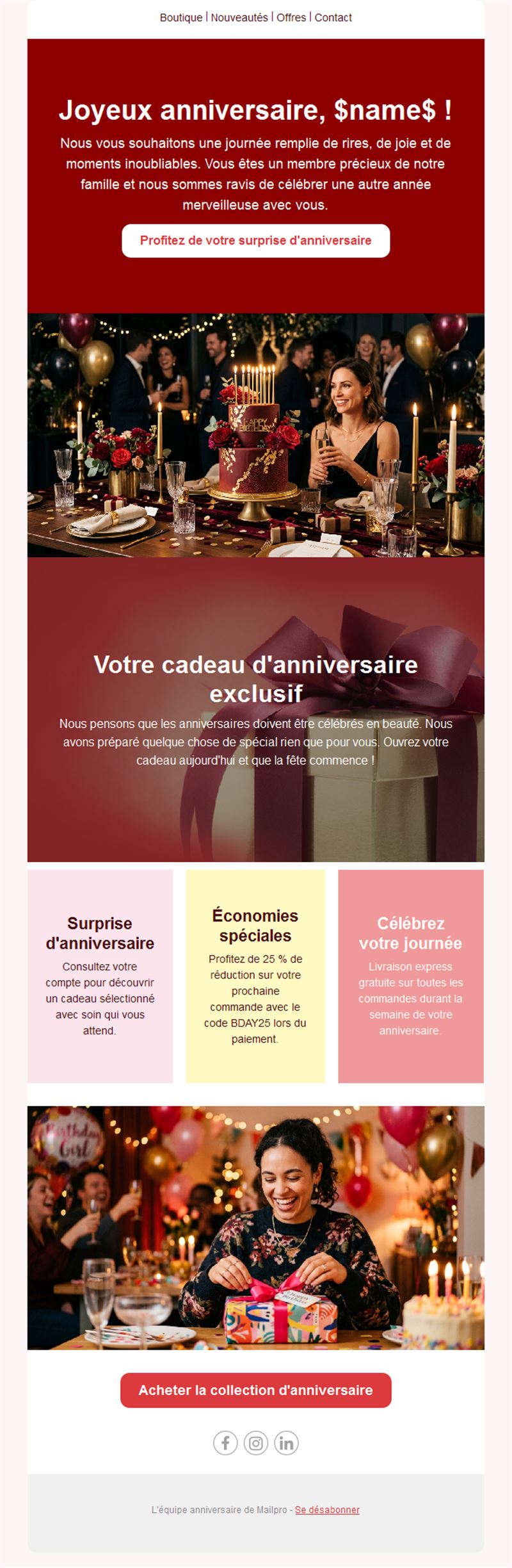 Email rouge de cadeau et remise d'anniversaire