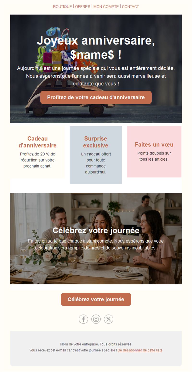 Email chaleureux d'anniversaire avec cadeau