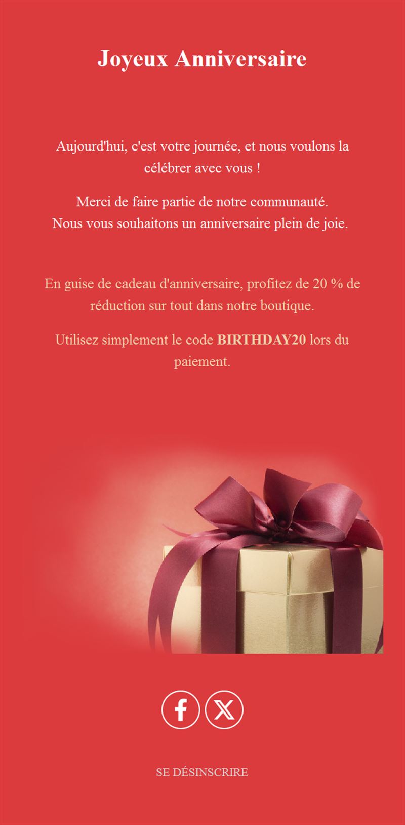 Email rouge classique d'anniversaire avec remise