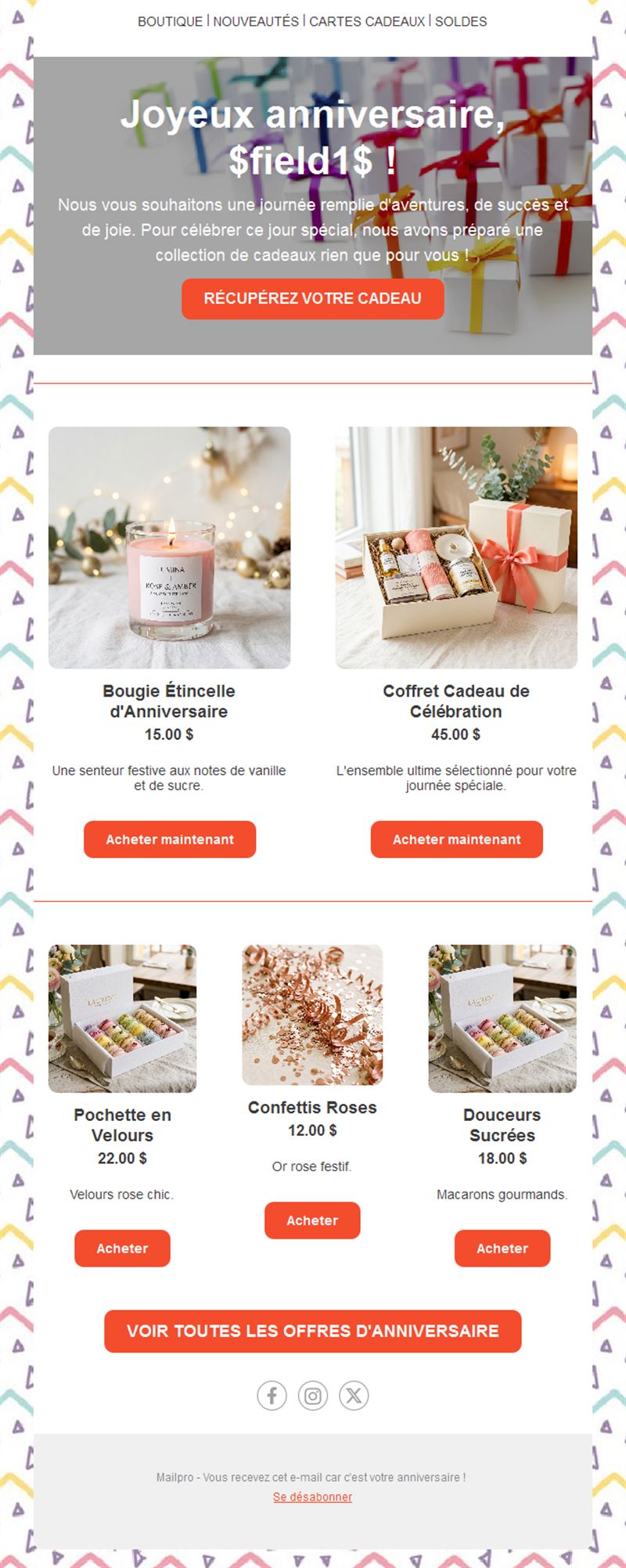 Email d'offres d'anniversaire avec grille produits