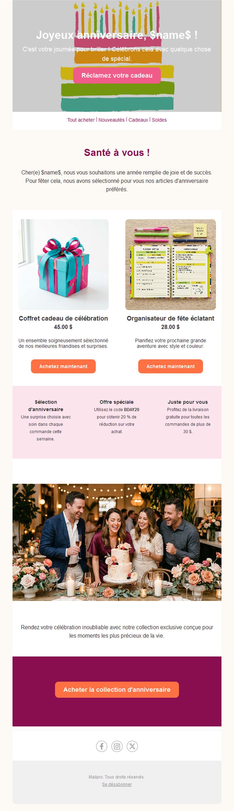 Email de sélection de produits d'anniversaire
