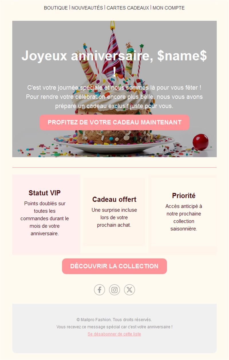 Email d'anniversaire fidélité avec avantages VIP