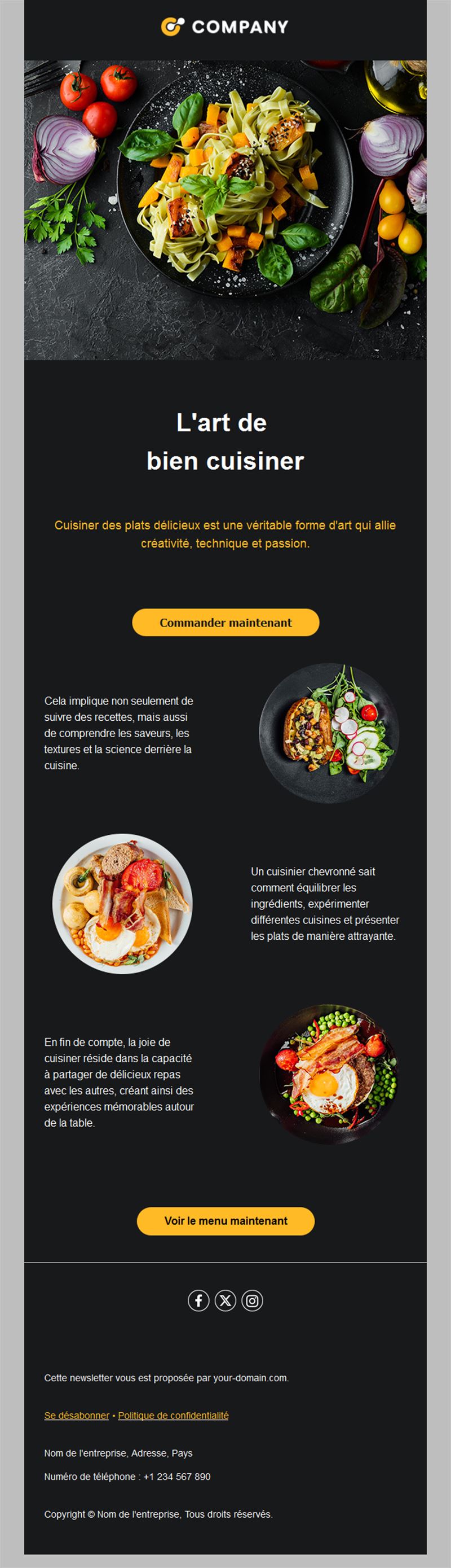 Email sombre de restaurant sur la cuisine