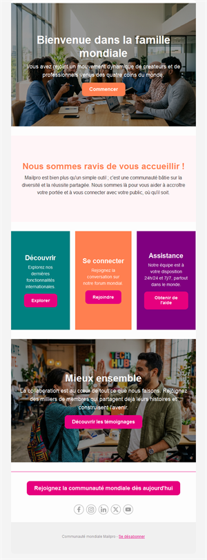 Email de bienvenue dans une communauté mondiale